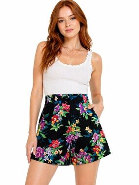 Vintage High Waisted Tropical Floral Shorts Black Elastic Back Retro Resort